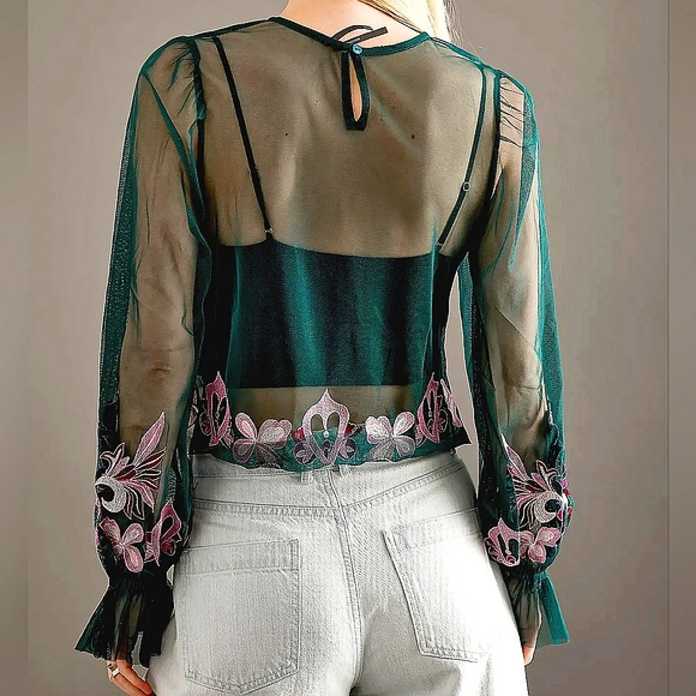 NWT By Anthropologie Long-Sleeve Embroidered Cropped Mesh Top Size 1X - Picture 15 of 16
